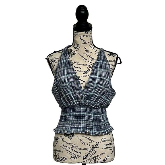 Pilcro Blue Metallic Plaid Smocked Bottom Jessie Halter Top M Beach Boho - Picture 2 of 11